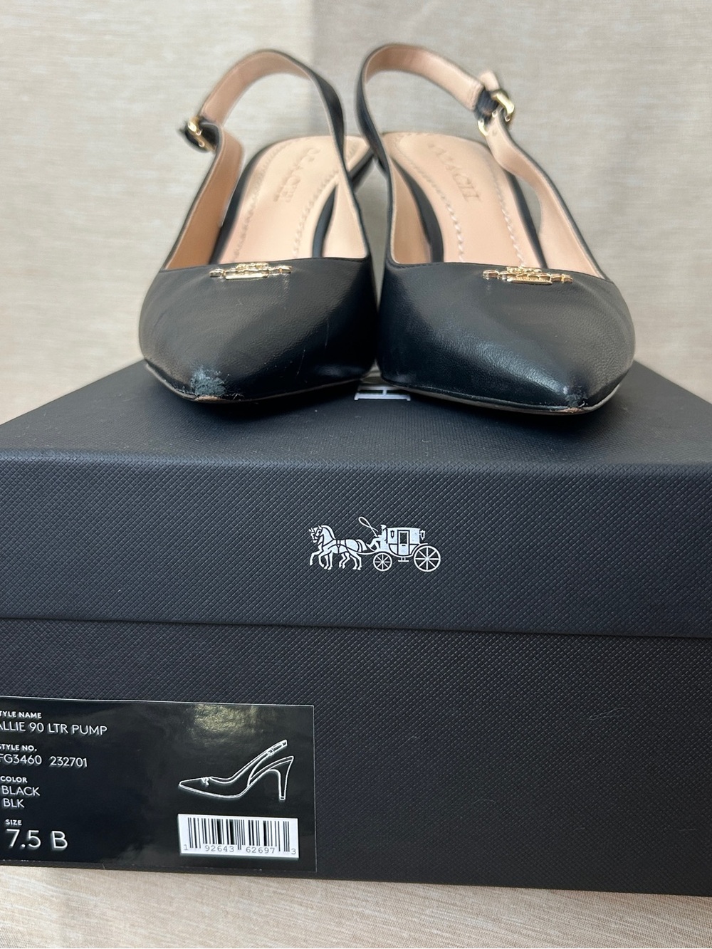 Coach Black Leather Pointed-Toe Slingback Pumps with Gold Logo Allie 90 Ltr Pump - Picture 12 of 13